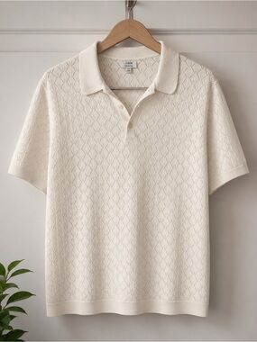 J.Crew Men’s XXL 100% Cotton Pointelle Knit Polo Shirt Ivory Short Sleeve